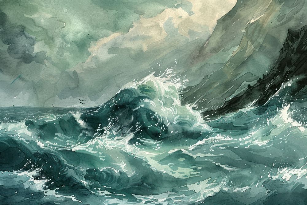 Rough sea watercolor outdoors painting nature.
