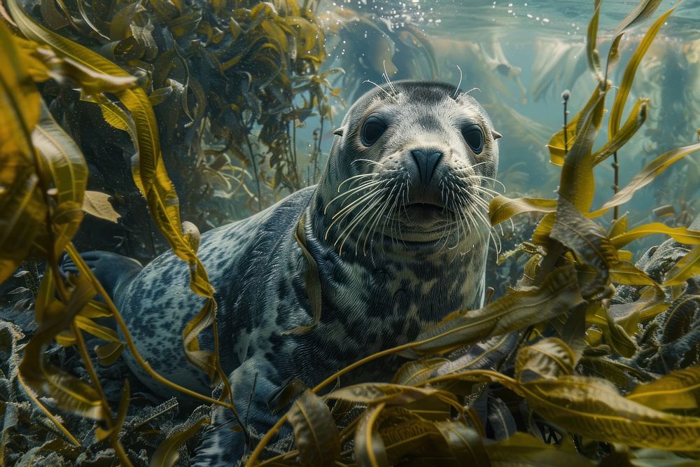 Seal in the sea with seaweeds animal mammal fish.