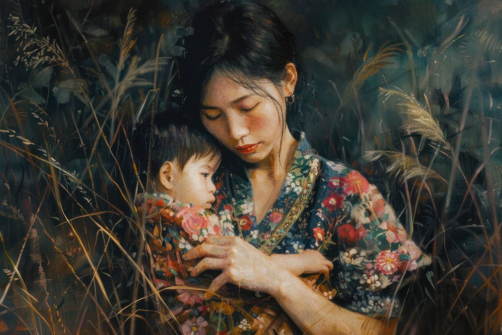 Southeast asian young mother portrait painting adult.