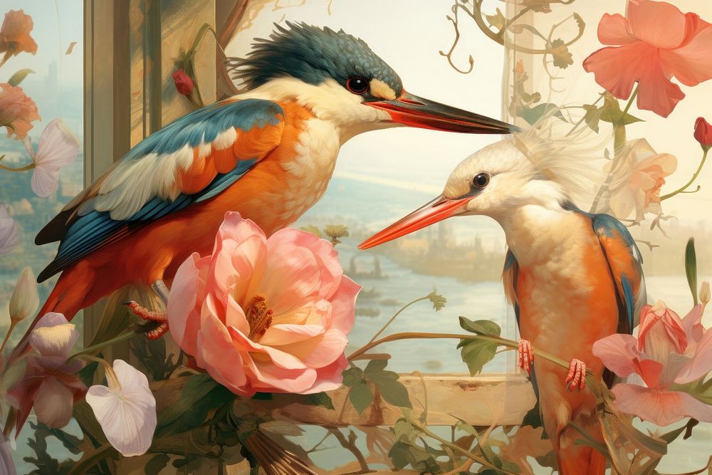 Kingfisher painting animal flower.