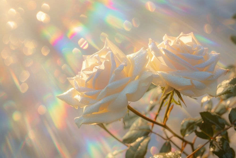 White roses sunlight outdoors rainbow.
