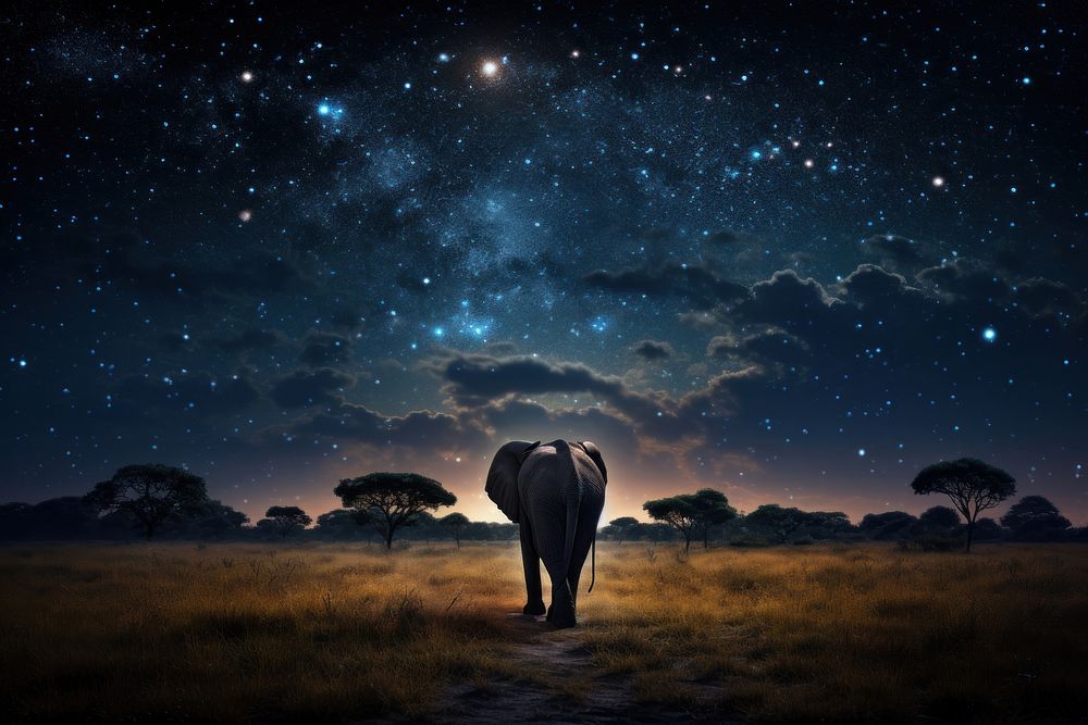 Elephant walking night sky landscape.