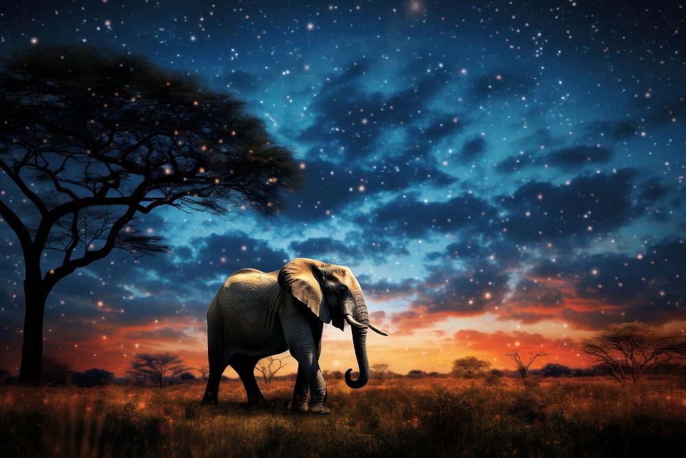 Elephant walking night sky landscape.