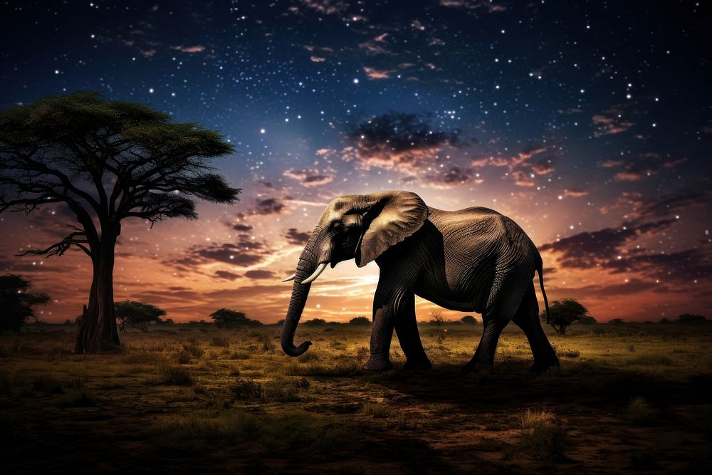Elephant walking night landscape wildlife.