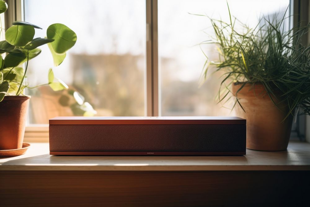 Minimal soundbar speaker windowsill loudspeaker houseplant.