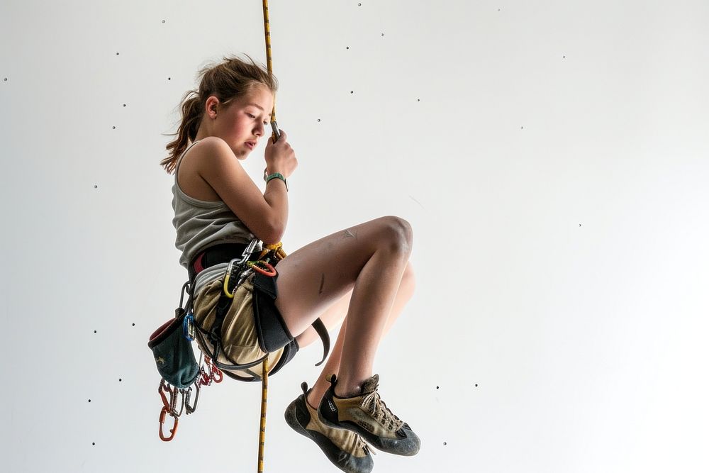 Teenage girl in climbing recreation adventure footwear.
