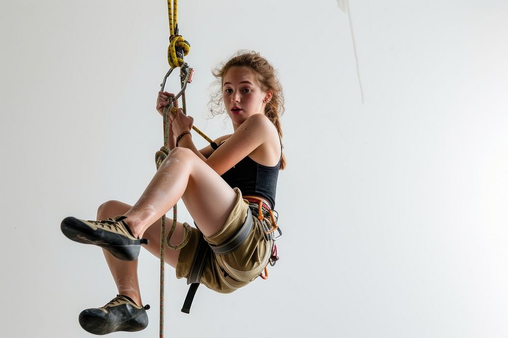 Teenage girl in climbing recreation adventure footwear.