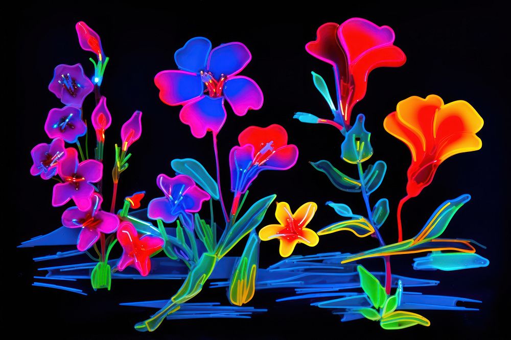 Black light oil painting of a wildflower purple neon yellow.