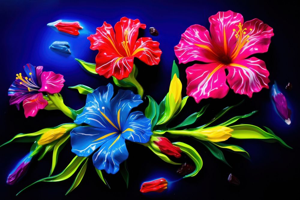 Black light oil painting of a wildflower hibiscus purple yellow.