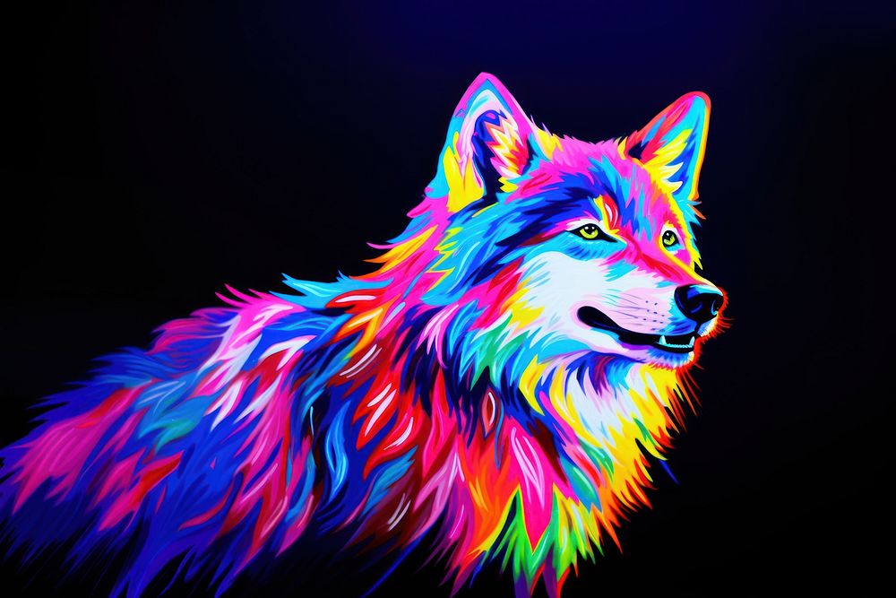 Black light oil painting of a wolf mammal animal purple.
