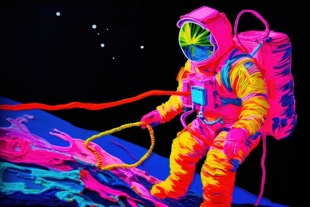 Black light oil painting of a astronaut purple yellow black background.