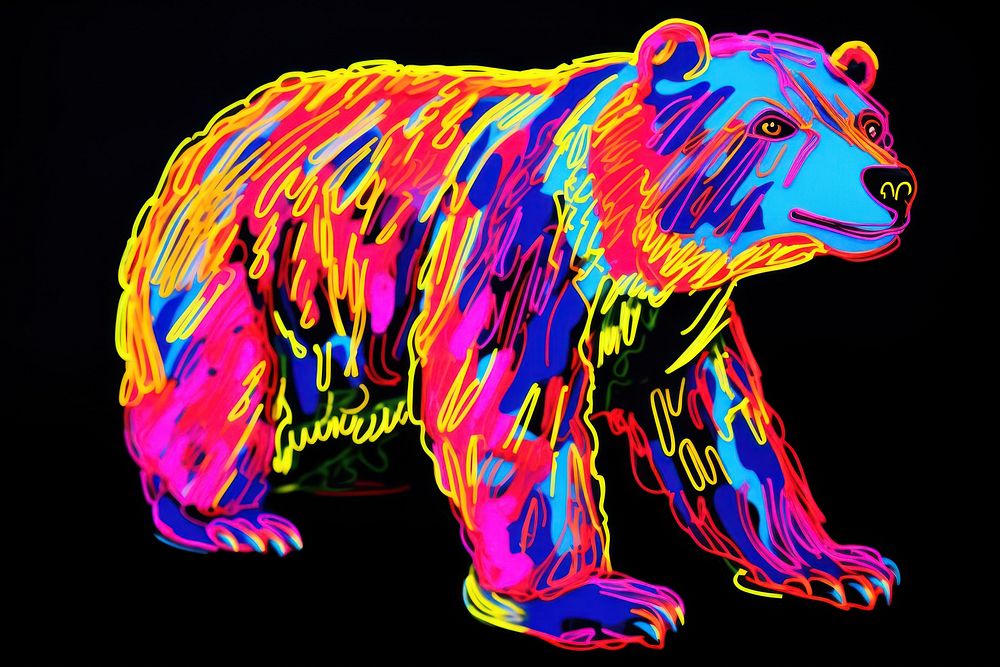 Black light oil painting of a bear mammal blue black background.