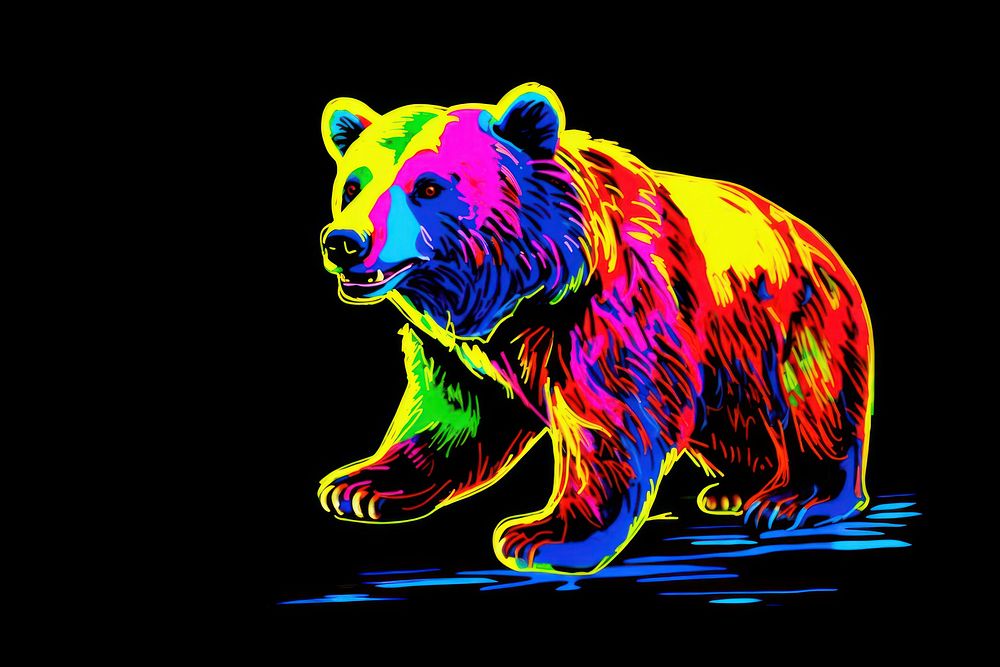 Black light oil painting of a bear mammal yellow blue.