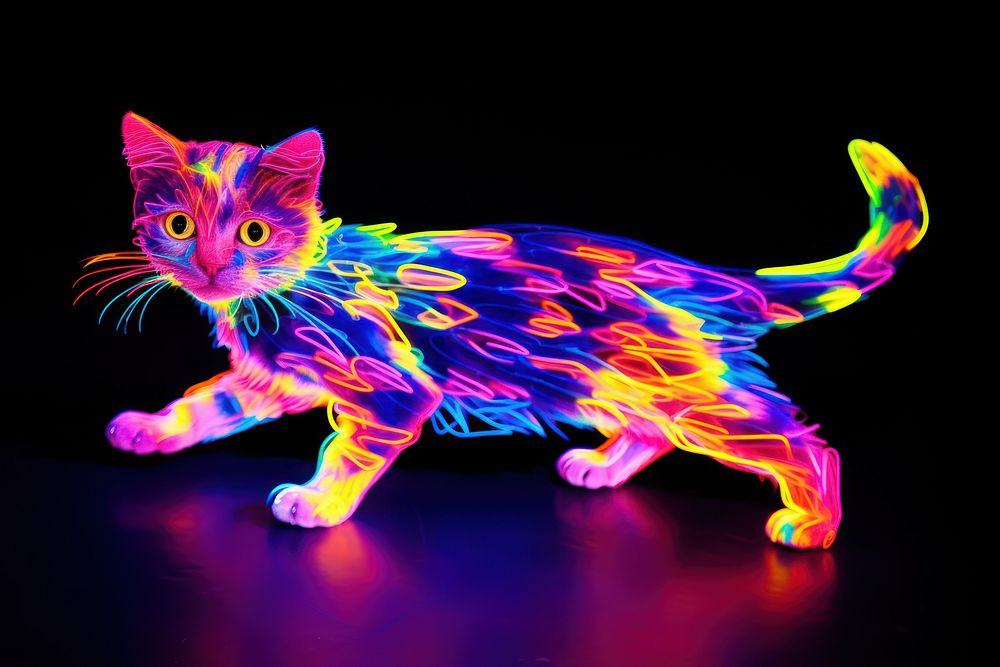 A cat full body purple light neon.