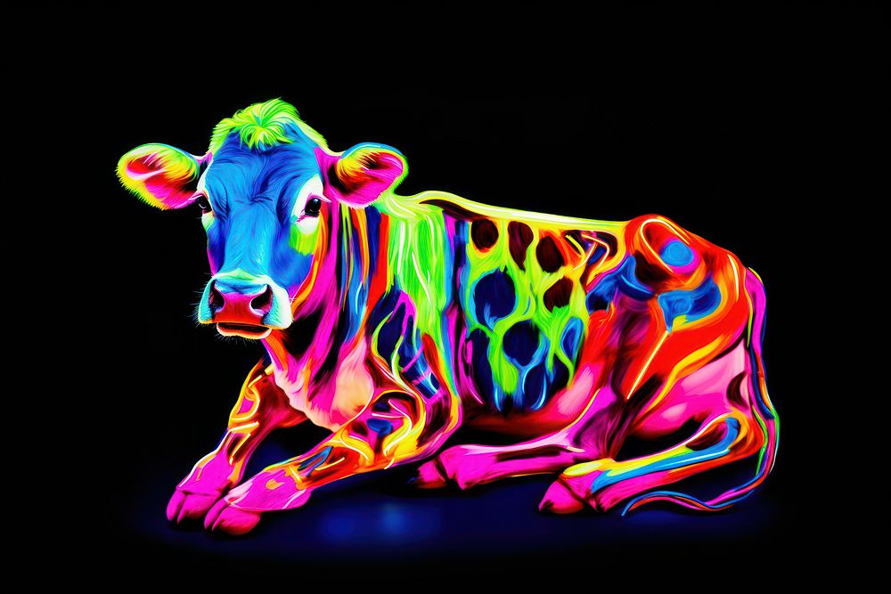 Black light oil painting of a cow livestock mammal animal.