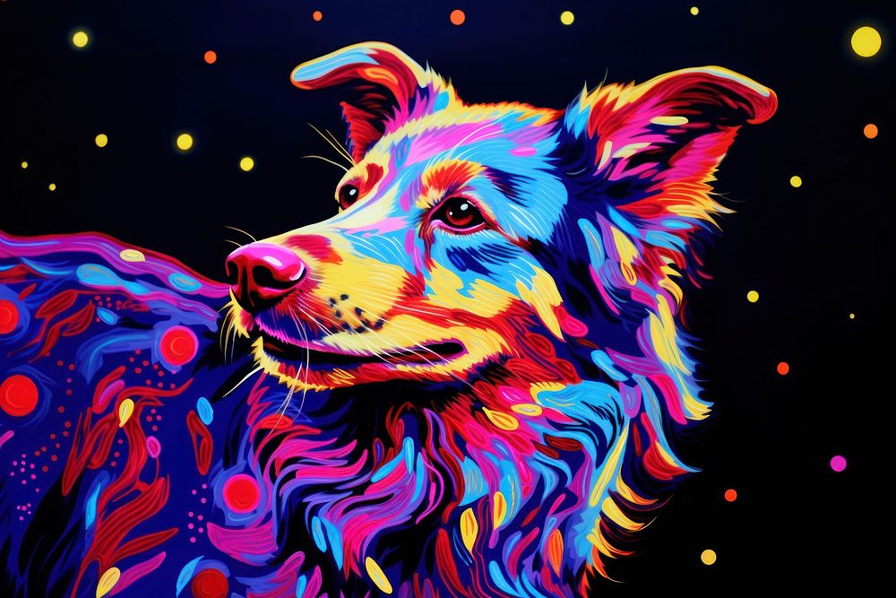 A dog painting purple pattern.