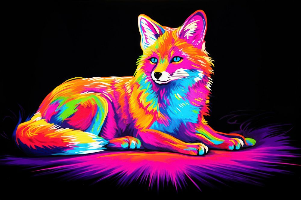Black light oil painting of a fox mammal animal purple.