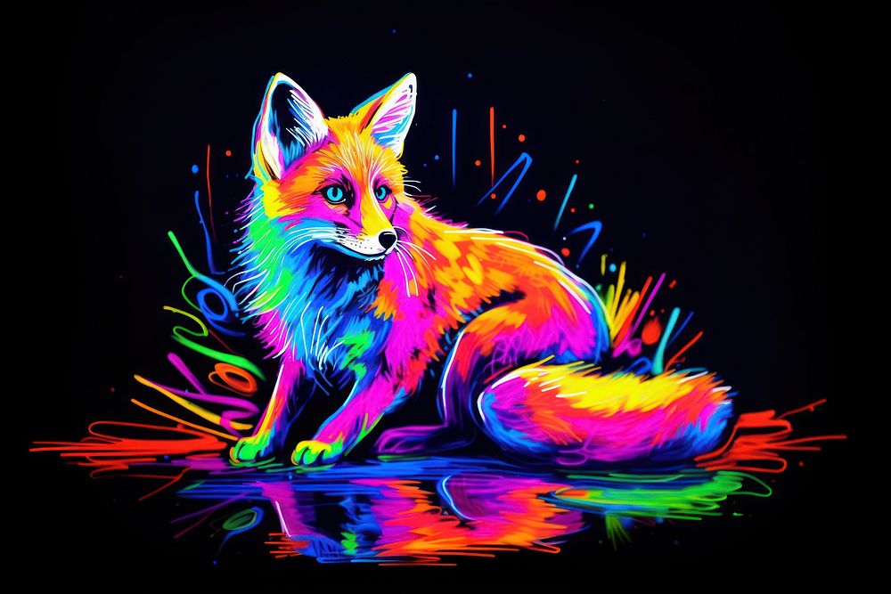 Black light oil painting of a fox animal mammal purple.