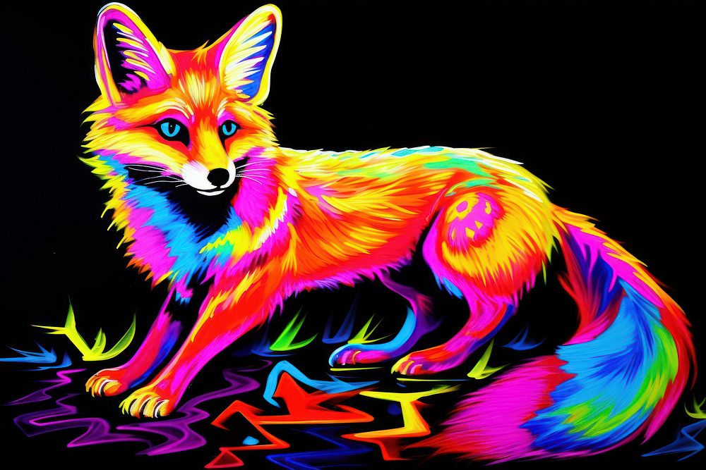 Black light oil painting of a fox animal mammal yellow.
