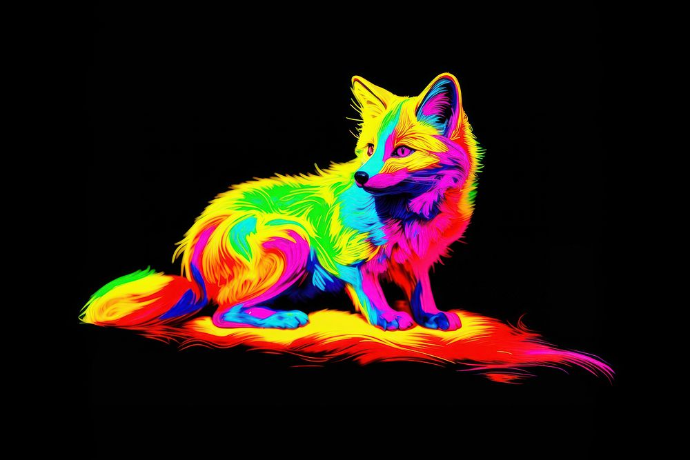 Black light oil painting of a fox animal mammal yellow.