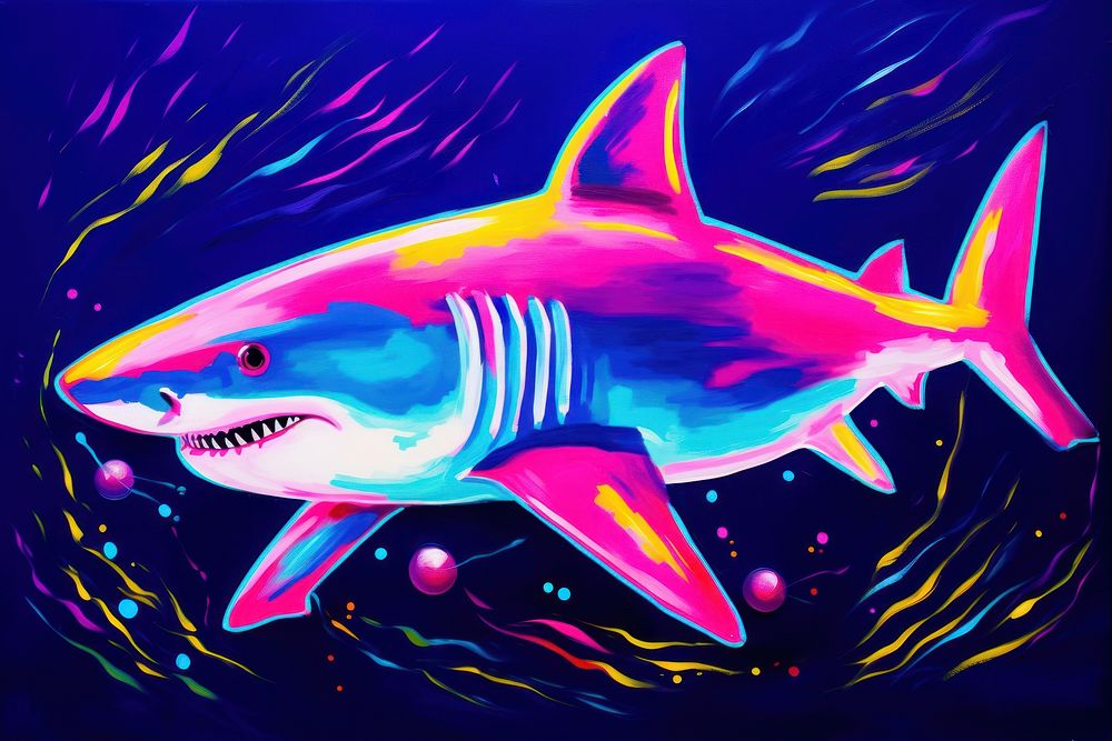 Black light oil painting of a Great whote shark animal marine fish.