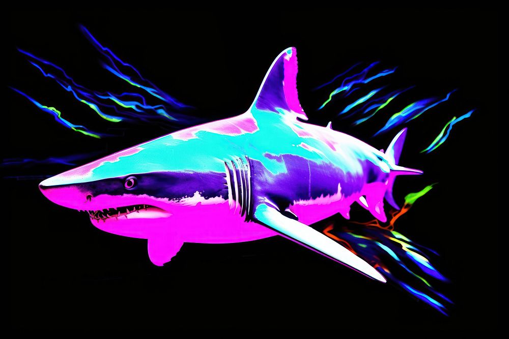 Black light oil painting of a Great whote shark animal marine purple.