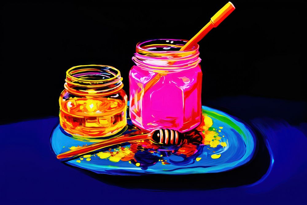 Black light oil painting of a honey purple yellow blue.