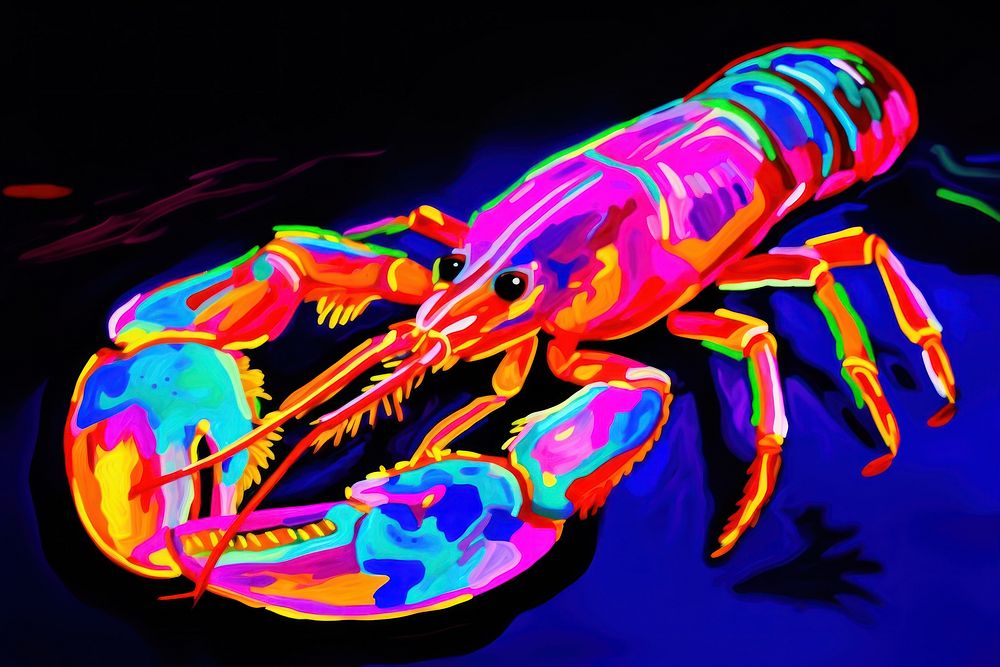 Black light oil painting of a lobster seafood animal purple.