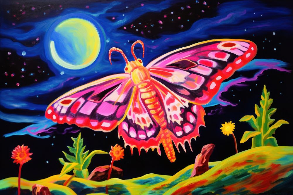A moth painting purple butterfly.