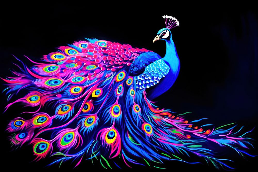 Black light oil painting of a peacock animal purple bird.