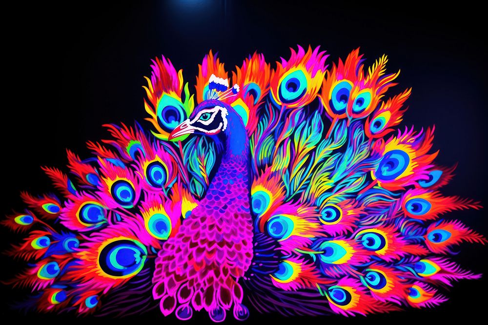 Black light oil painting of a peacock pattern purple yellow.