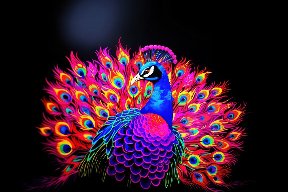 Black light oil painting of a peacock pattern animal purple.