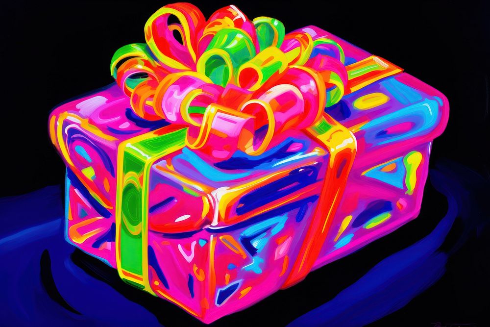 Black light oil painting of a present neon purple red.