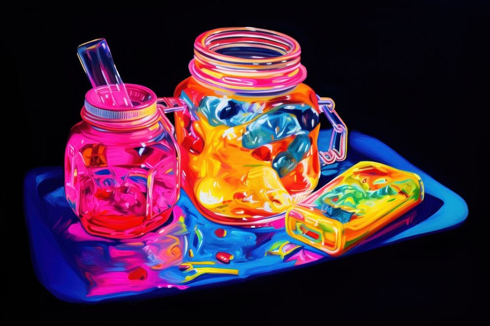 Black light oil painting of a present yellow purple blue.