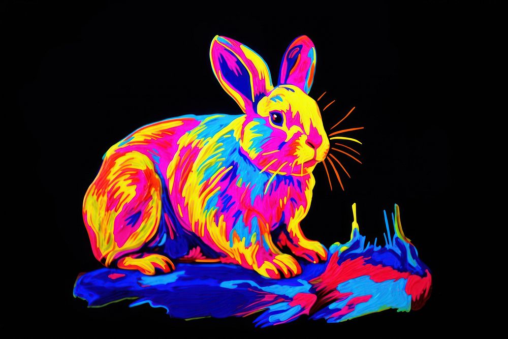 Black light oil painting of a rabbit purple yellow animal.