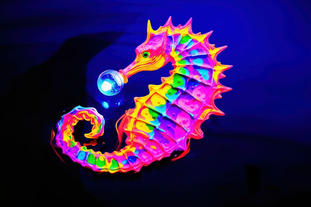 Black light oil painting of a seahorse purple yellow blue.