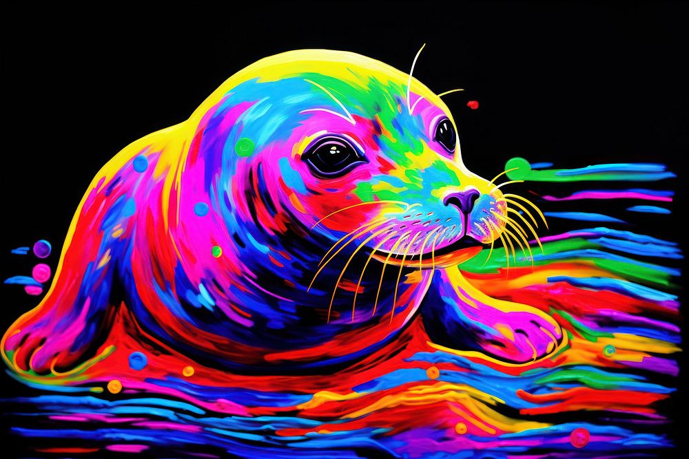 Black light oil painting of a seal animal mammal purple.