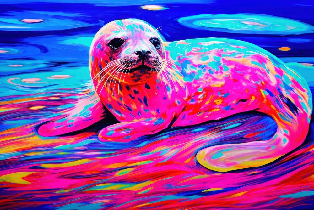 Black light oil painting of a seal animal mammal purple.