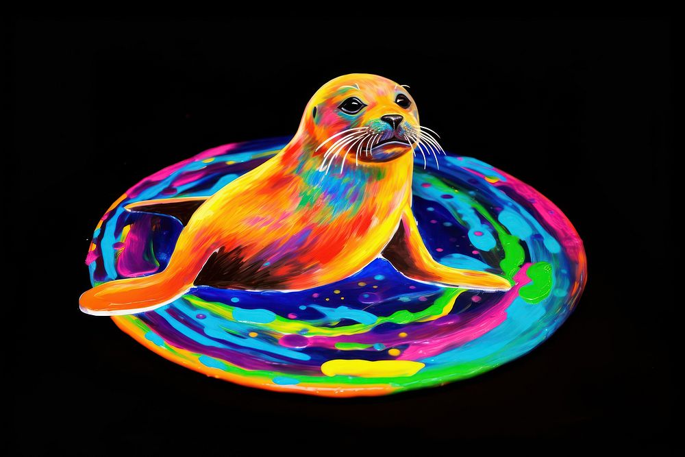 Black light oil painting of a seal animal yellow black background.