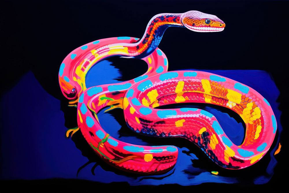 Black light oil painting of a snake reptile purple yellow.
