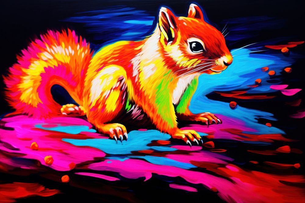 Black light oil painting of a suirrel drawing animal mammal.