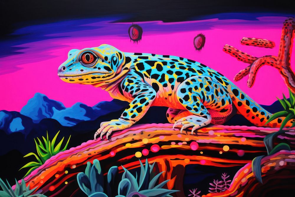 Leopard lizard wildlife painting reptile.