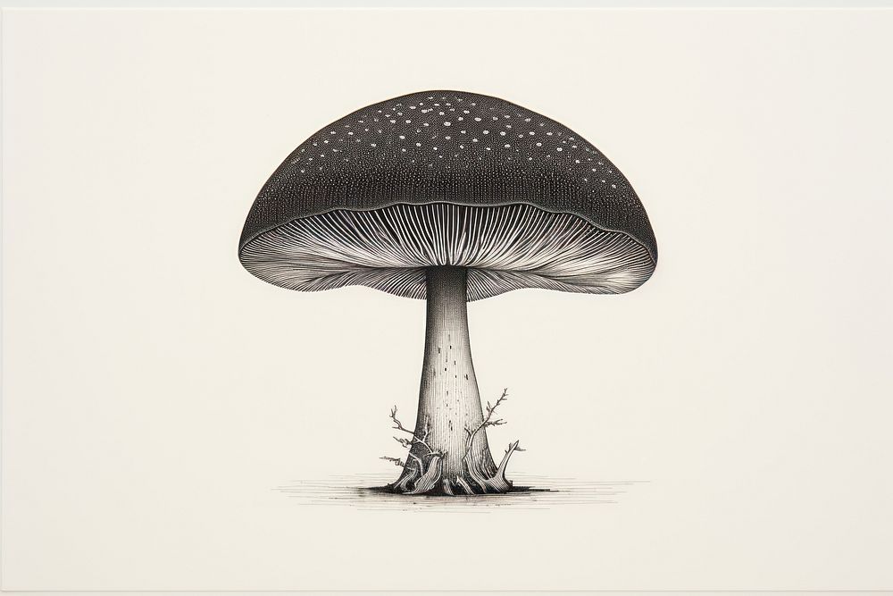 Litograph minimal vintage mushroom drawing sketch plant.