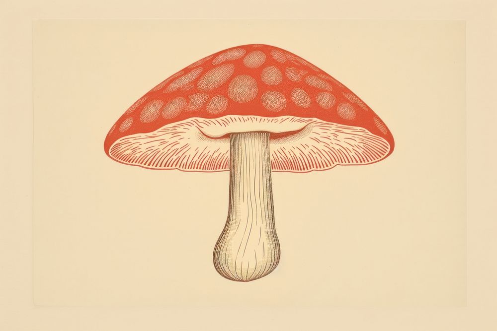 Litograph minimal vintage mushroom agaric fungus poisonous.