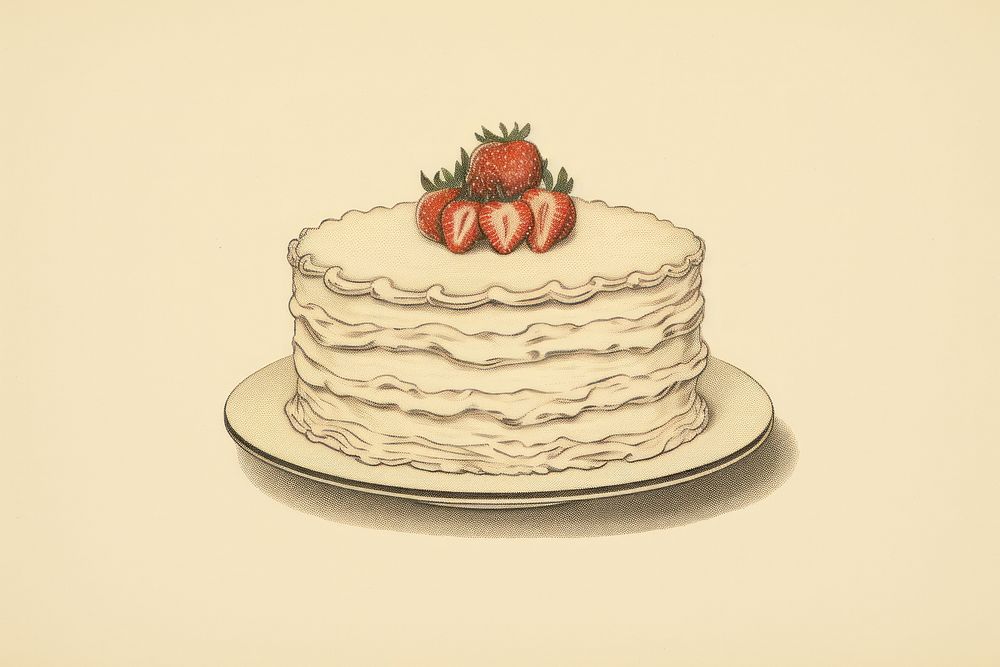 Litograph minimal vintage cake strawberry dessert fruit.