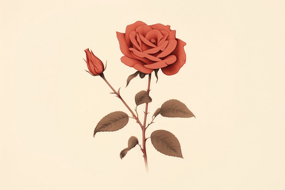 Litograph minimal vintage rose flower plant inflorescence.