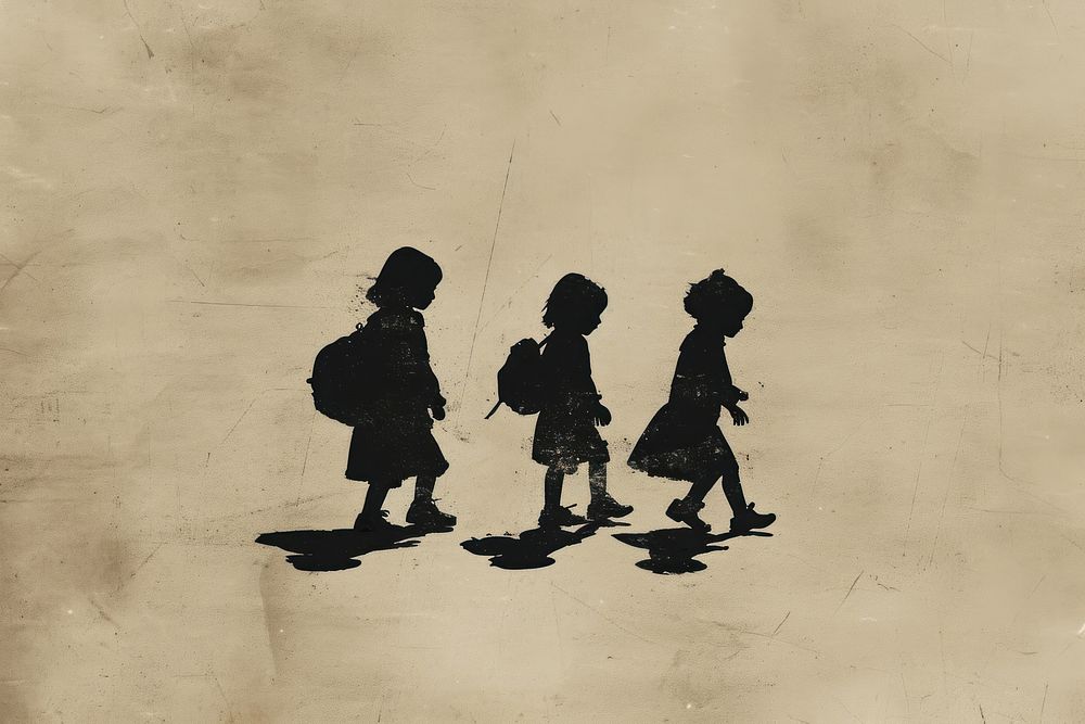 Litograph minimal children silhouette walking togetherness.