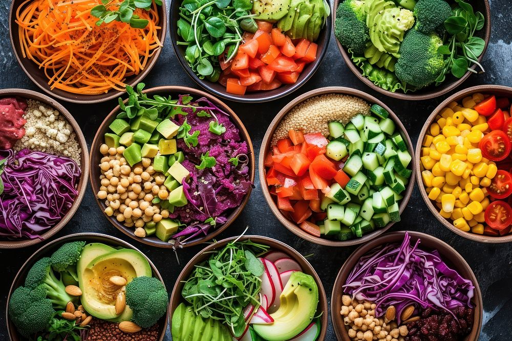 Variety of vegan salad food arrangement.