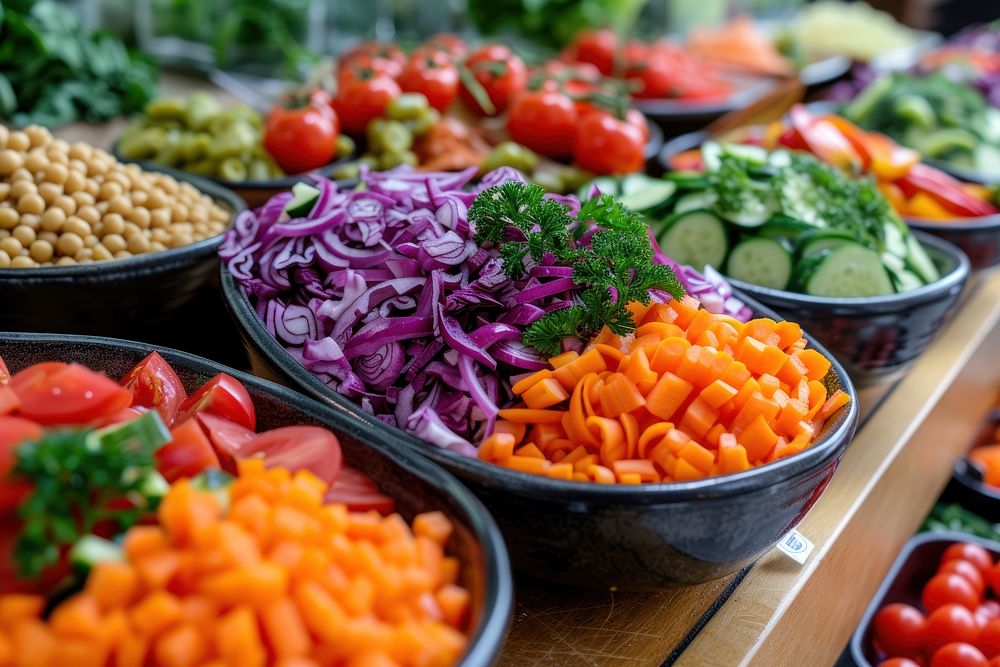 Variety of vegan salad food arrangement.