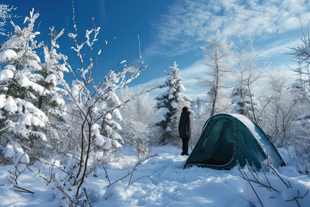 Woman standing with tent snow outdoors camping.